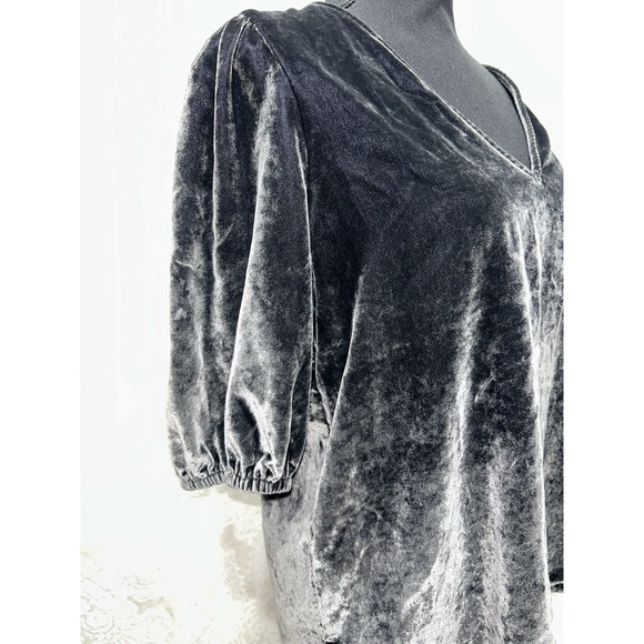 LOFT Crushed Velvet Top Shirt Womens Sz S Dark Gray Puff Sleeve V Neck - Picture 5 of 10